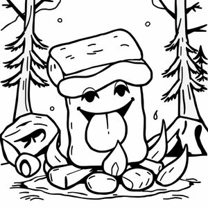 s’mores sticking its tongue out with campfire background 