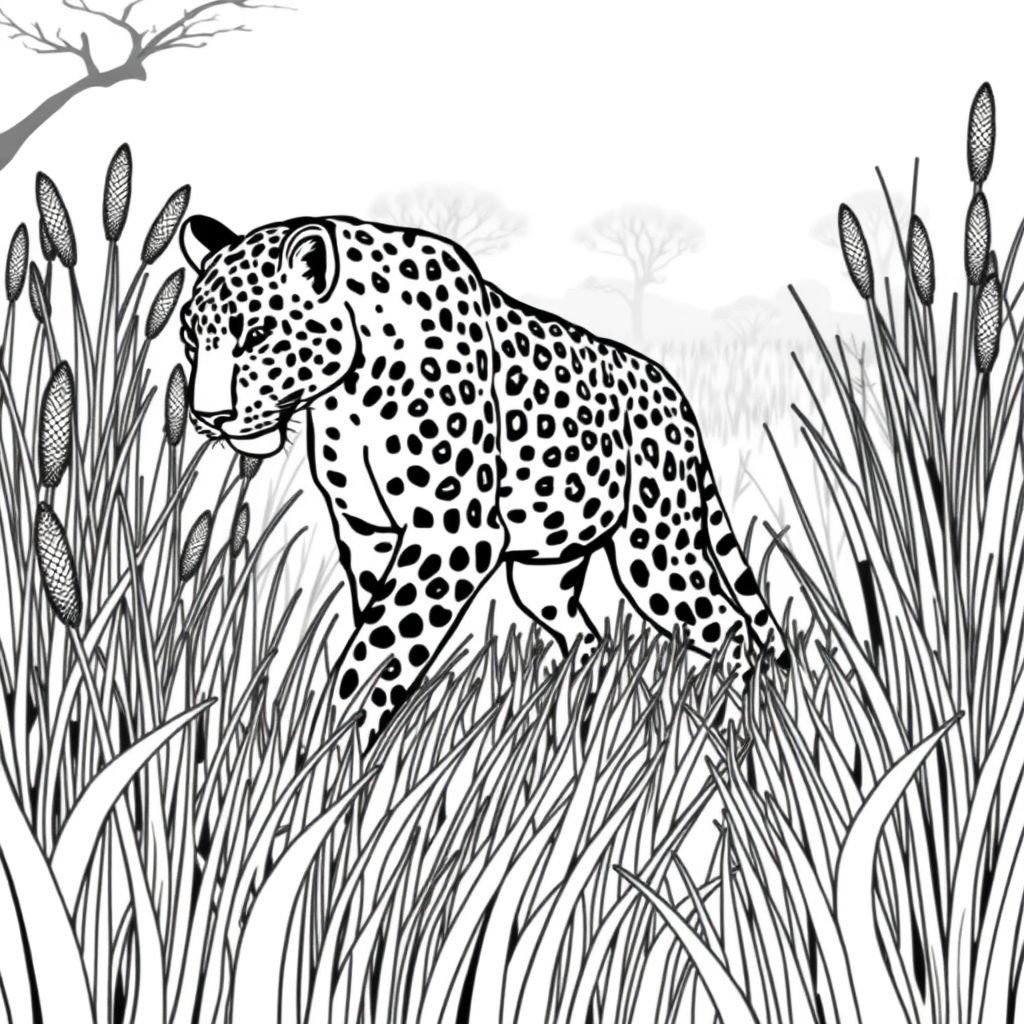 A realistic looking image of a leopard walking slowly through tall African grass, head low, muscles defined. Include tufts of grass, light background of distant trees.
Image must be in A4 size and high quality for printing (300 DPI)