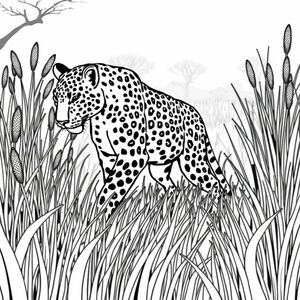 A realistic looking image of a leopard walking slowly through tall African grass, head low, muscles defined. Include tufts of grass, light background of distant trees.
Image must be in A4 size and high quality for printing (300 DPI)