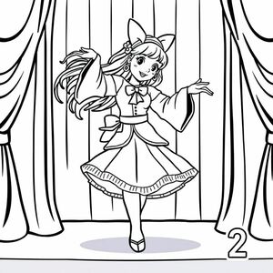 
Smeshariki Nyusha dancing on a stage, wearing a bow, with curtains in the background. Coloring book style, black and white, page number 2 in bottom right corner.