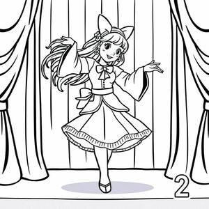 Smeshariki Nyusha dancing on a stage, wearing a bow, with curtains in the background. Coloring book style, black and white, page number 2 in bottom right corner.

