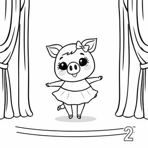 A black and white coloring book page with bold outlines. A round cartoon pig girl based on Nyusha from the Russian cartoon "Smeshariki", dancing alone in the center of a stage with curtains on both sides. She has a big round head, small snout, large eyes with eyelashes, a bow on her head, and a cheerful smile. The style is minimalist and suitable for children. No color, no shading, no humans. Page number 2 is written in the bottom right corner.
