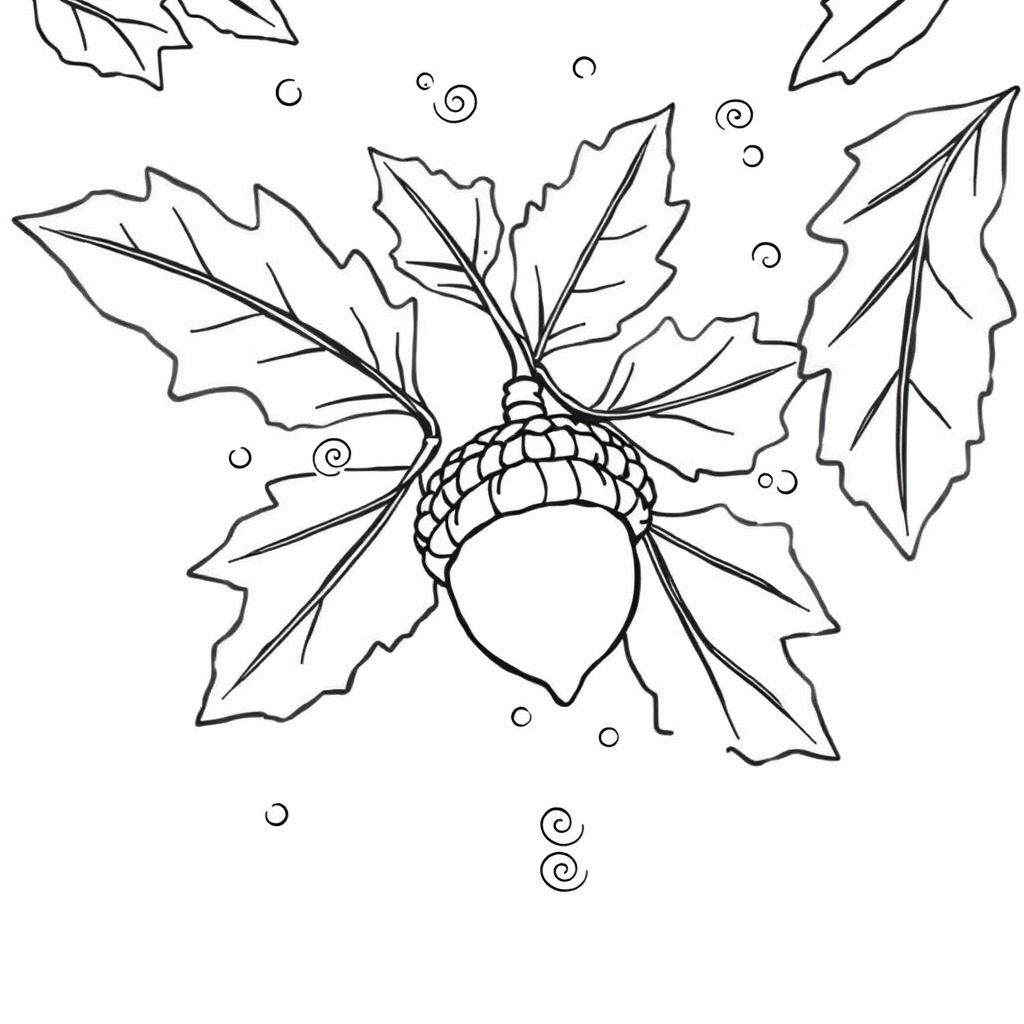 A coloring book page illustration of oak leaves with enchanted acorn necklace with magical swirls and dazzling wind in crisp morning air, easy and bold line style, white background, enough space for hand coloring
