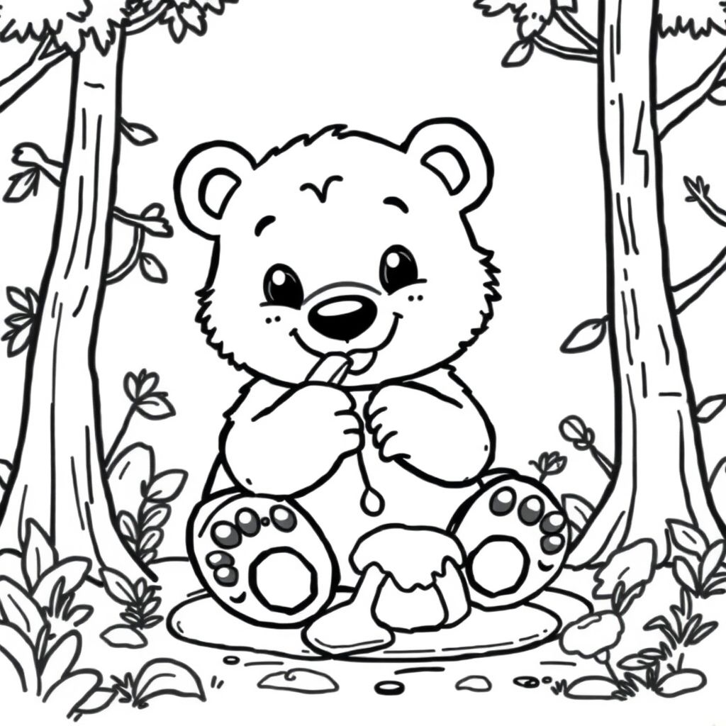cute bear eating honey on the ground surrounded by trees