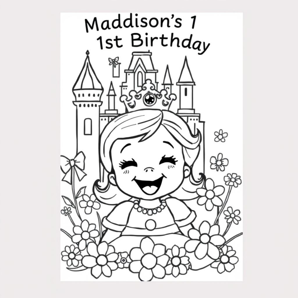 A baby princess with a big smile. Castle in background. Bows and flowers. 'Maddison's 1st Birthday' in appropriate font on top of page