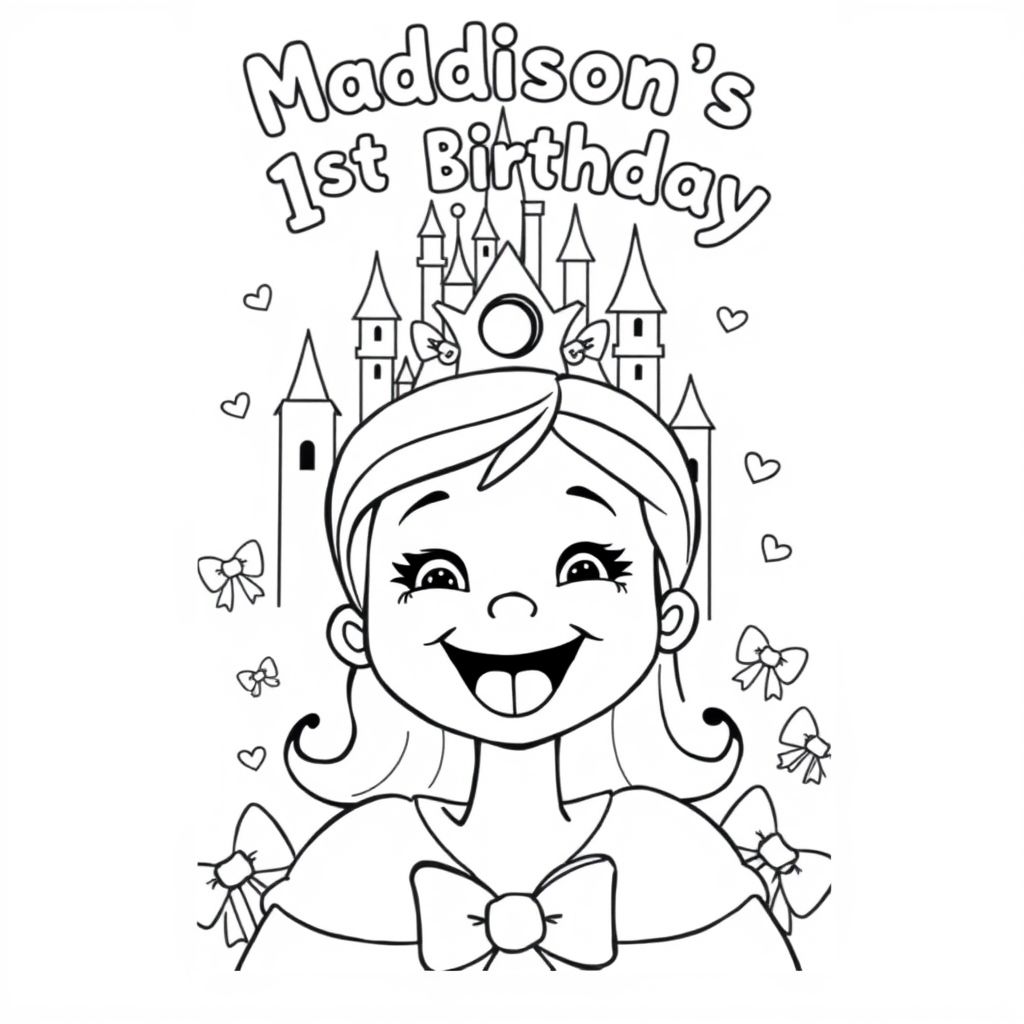 A baby princess with a big smile showing small front teeth. Castle in the background. Bows around the page. 'Maddison's 1st Birthday' in bubble font on top of the page