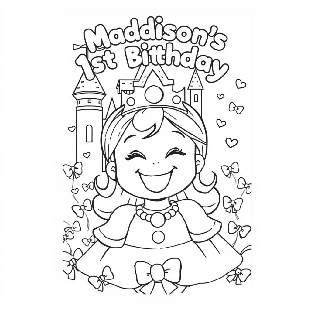 A baby princess with a big smile. Castle in the background. Bows around the page. 'Maddison's 1st Birthday' in bubble font on top of the page.