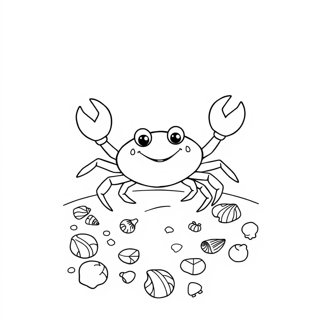 cute crab on the beach with shells around
