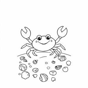 cute crab on the beach with shells around
