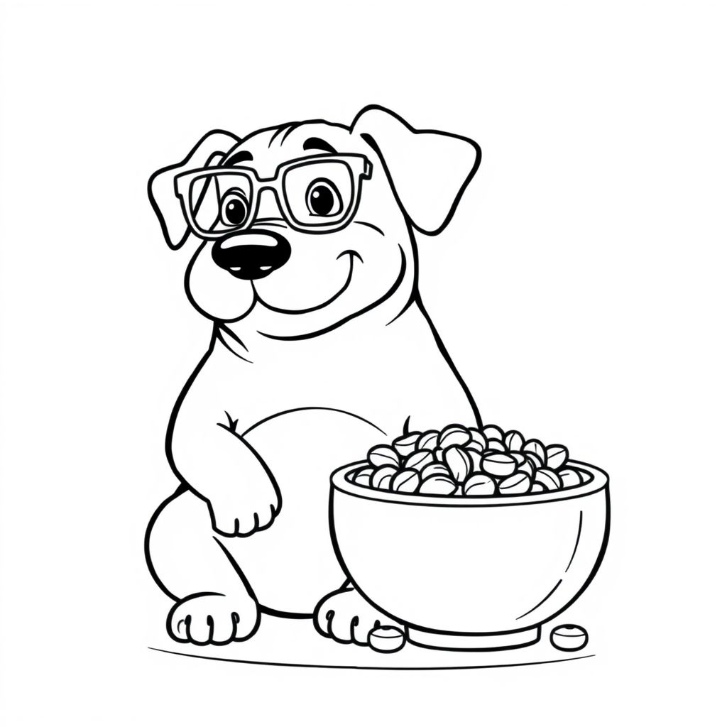 A fat dog named Marley with a funny pair of glasses sitting beside a big bowl of food.