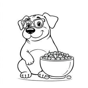 A fat dog named Marley with a funny pair of glasses sitting beside a big bowl of food.