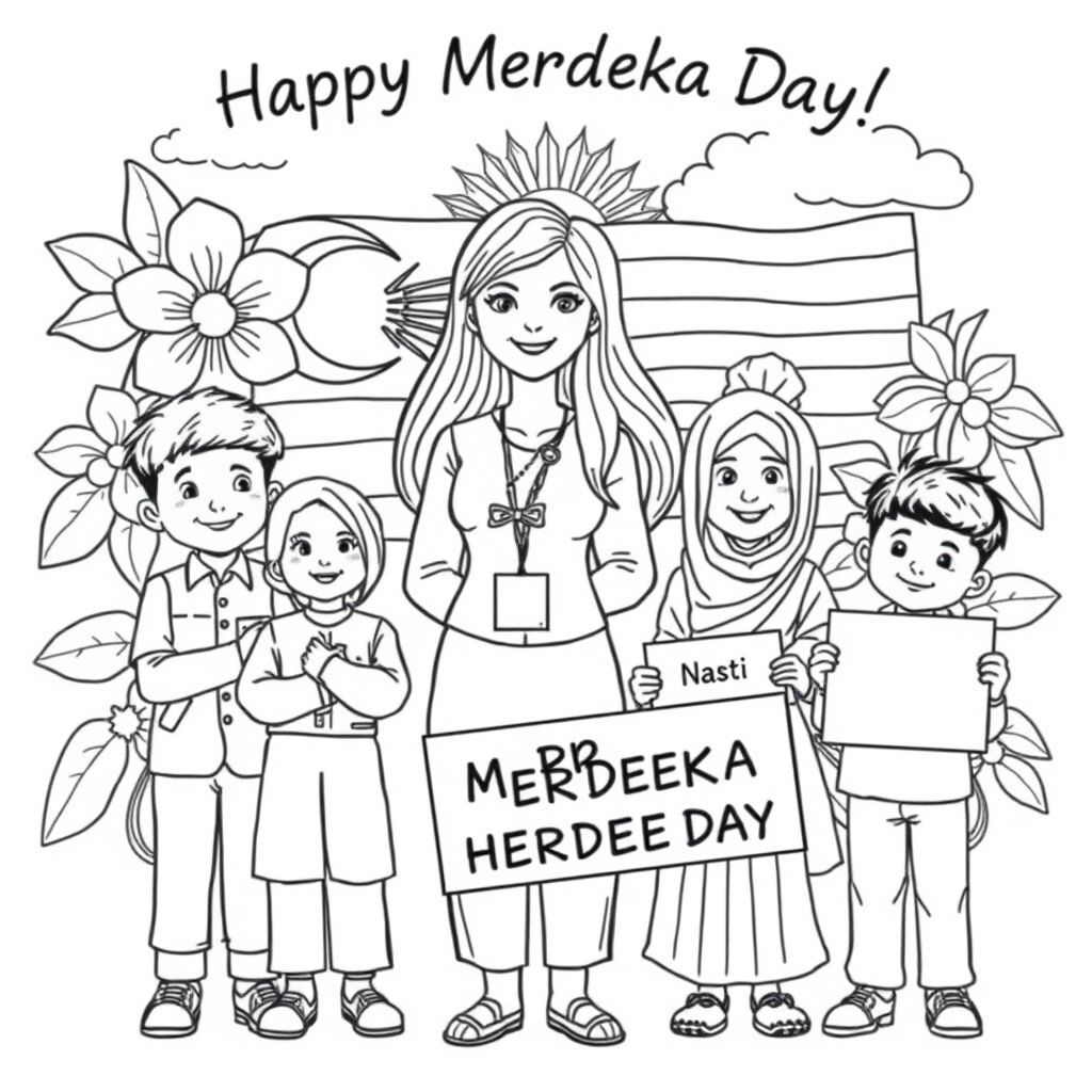 Khẩu hiệu: "Chúc mừng Ngày Merdeka!"
Nền tràn ngập thiết kế có cờ Malaysia, hoa dâm bụt, mặt trời và mây.
Một giáo viên: Đứng ở trung tâm, Thiếu nữ, Tóc dài, Đeo thẻ tên có nhãn "GV Saras"
Học sinh, mỉm cười và hạnh phúc. Học sinh đứng trước giáo viên
1 Cậu bé mặc songkok và baju melayu
1 Cô gái mặc baju kurung với tudung
1 cô gái trong trang phục truyền thống Sarawak
1 cậu bé mặc trang phục truyền thống Punjabi
1 cậu bé mặc trang phục Ấn Độ và cầm bảng hiệu ghi 1 EFISIEN

