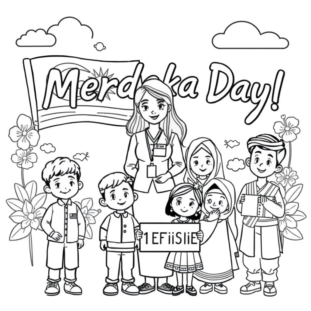 Slogan with big and clear font “Happy Merdeka Day!”
Background fill with design featuring the Malaysia flag, hibiscus, sun, and clouds.
One teacher: Stand at the center, Young woman, Long hair, Wearing a name tag labeled “GV Saras”
Students, smiling, and happy. Students stand infront of teacher
one Boy wearing songkok and baju melayu and songkok
one Girl wearing baju kurung with tudung
one girl in Sarawak traditional attire
one boy wearing Punjabi traditional outfit
one boy wearing Indian outfit and holding sign says 1 EFISIEN
cartoon disney style

