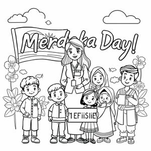 Slogan with big and clear font “Happy Merdeka Day!”
Background fill with design featuring the Malaysia flag, hibiscus, sun, and clouds.
One teacher: Stand at the center, Young woman, Long hair, Wearing a name tag labeled “GV Saras”
Students, smiling, and happy. Students stand infront of teacher
one Boy wearing songkok and baju melayu and songkok
one Girl wearing baju kurung with tudung
one girl in Sarawak traditional attire
one boy wearing Punjabi traditional outfit
one boy wearing Indian outfit and holding sign says 1 EFISIEN
cartoon disney style

