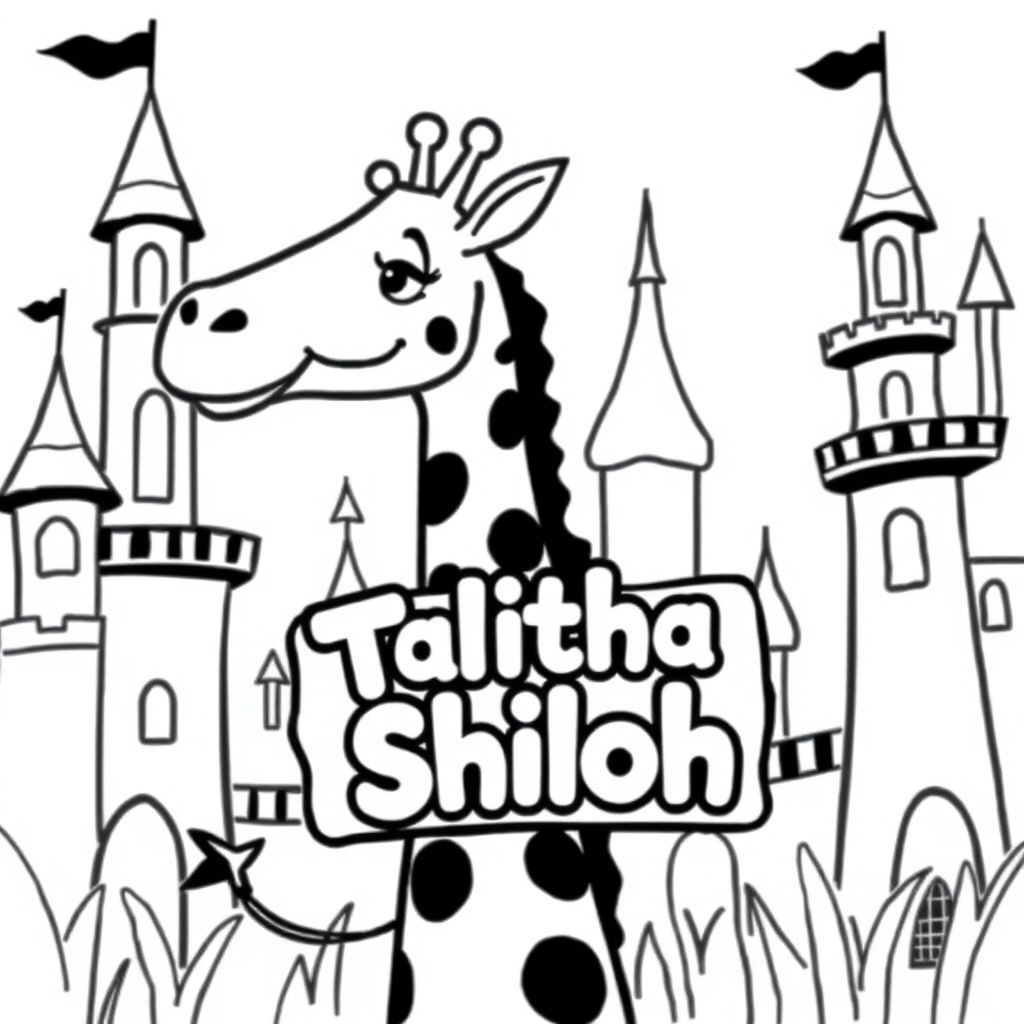 Ảnh chụp một chú hươu cao cổ thân thiện, cầm một tấm biển có chữ "Talitha Shiloh" được viết bằng chữ bong bóng màu trắng, trong hồ sơ, trong vương quốc lâu đài, phong cách siêu thực