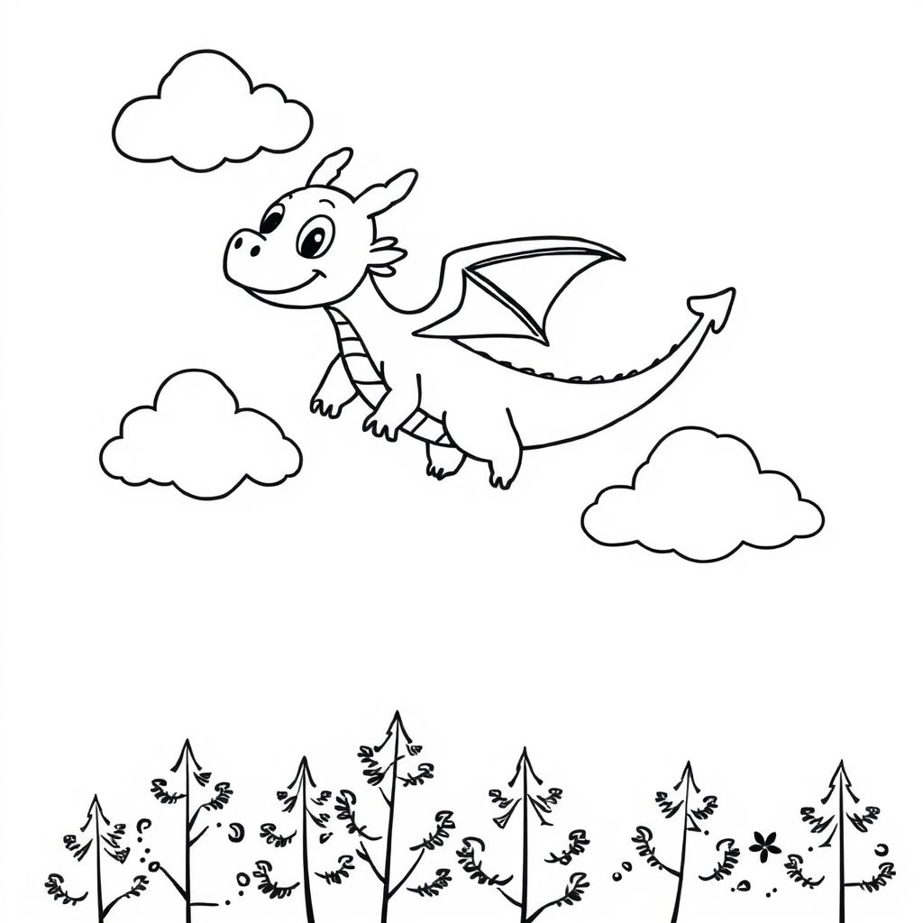 cute dragon flying in the sky with clouds over trees