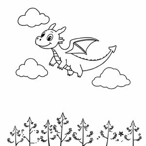 cute dragon flying in the sky with clouds over trees
