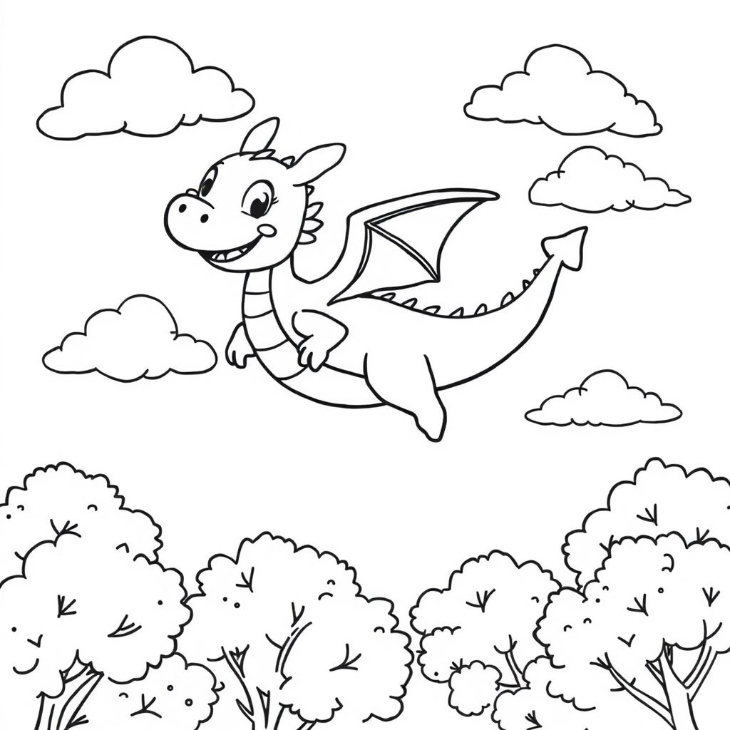 cute dragon flying in the sky with clouds and over trees
