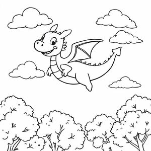 cute dragon flying in the sky with clouds and over trees