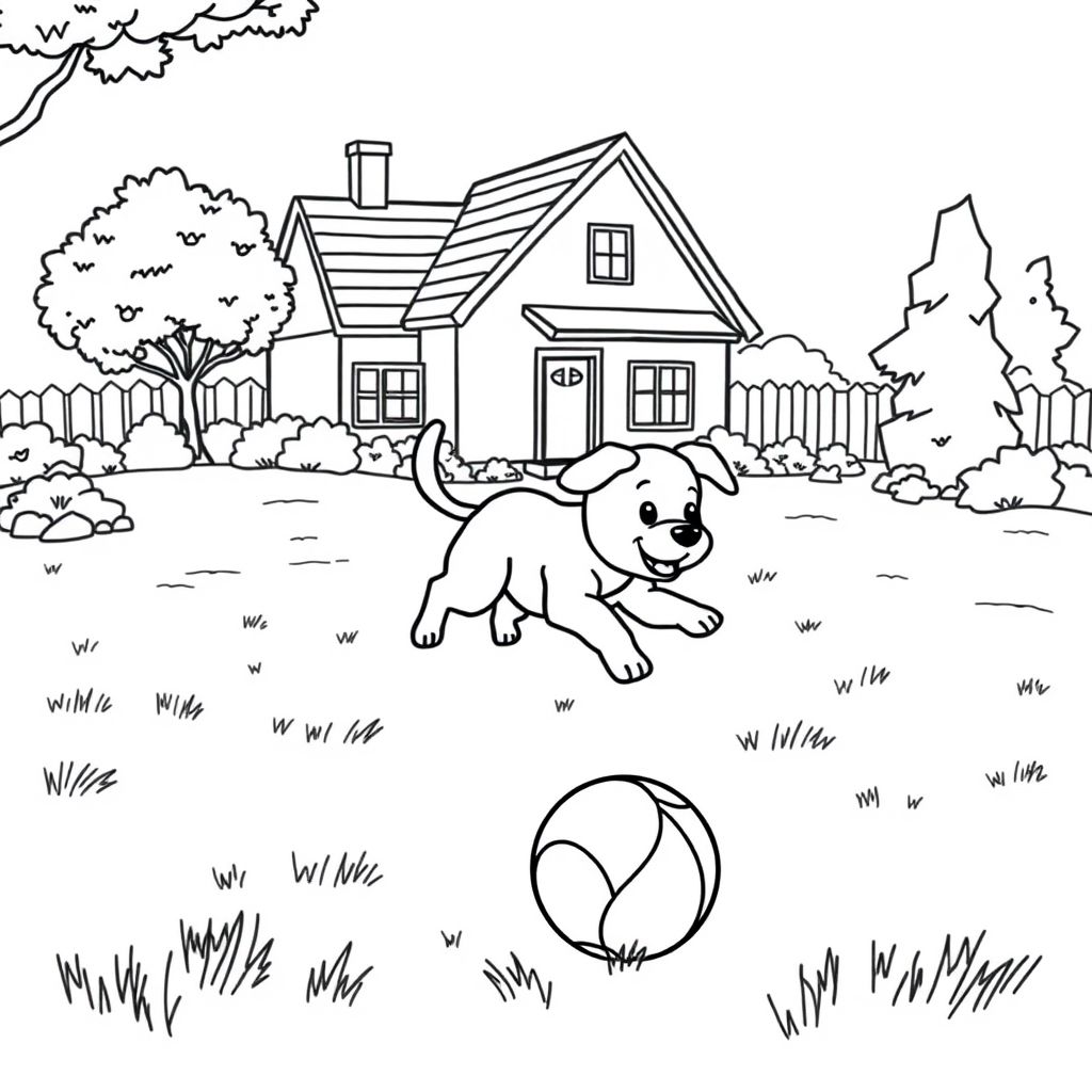 cute dog chasing a ball in the yard house in background