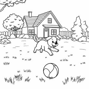 cute dog chasing a ball in the yard house in background