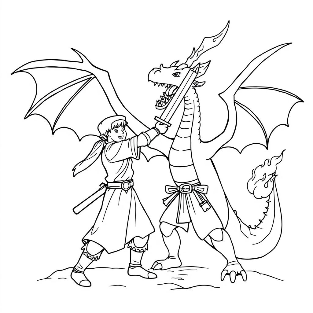 Fantasy swordsman fighting dragon