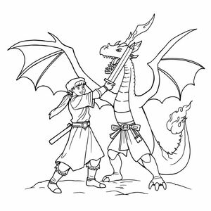 Fantasy swordsman fighting dragon