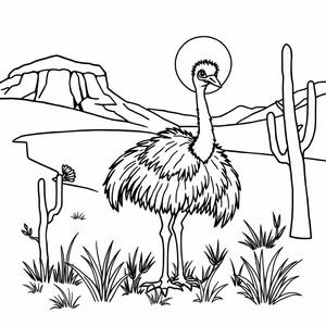 cute emu eating grass in the desert with the sun in sky