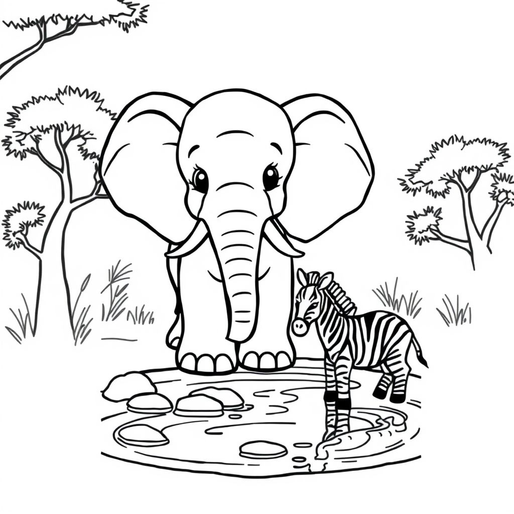 cute elephant at a water hole with zebras
