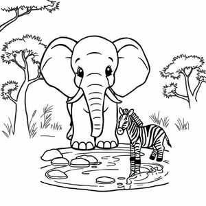 cute elephant at a water hole with zebras
