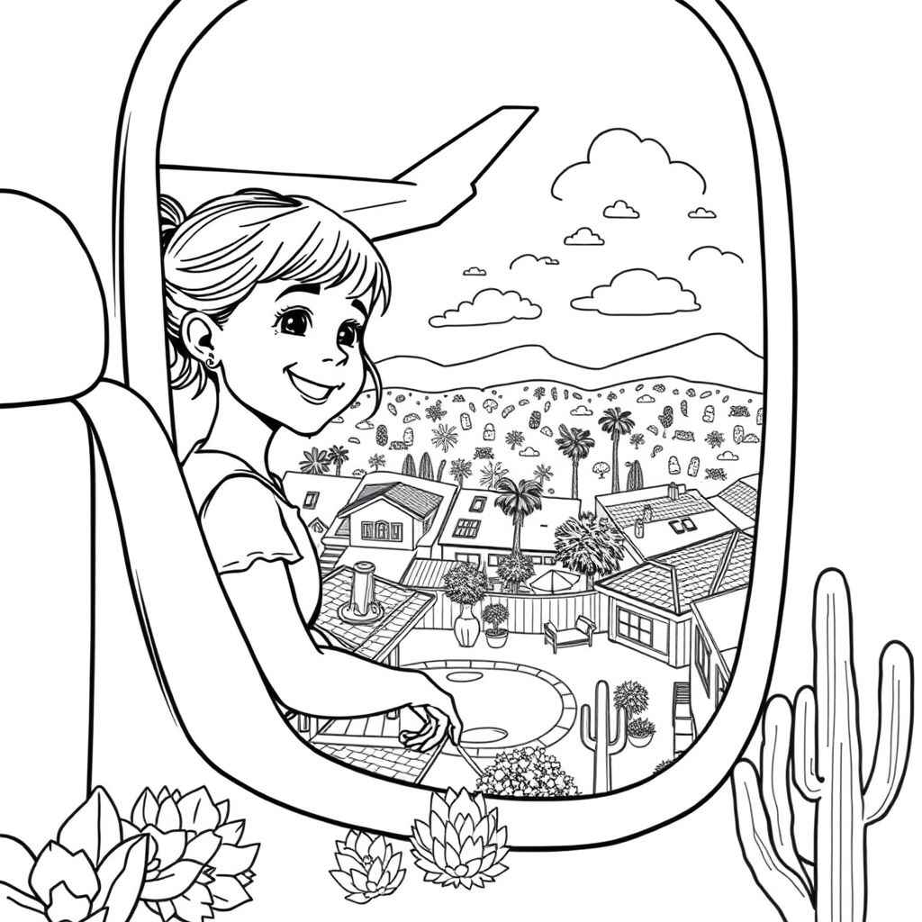 Cô bé 6 tuổi hạnh phúc bên trong máy bay nhìn xuống qua cửa sổ khu dân cư Arizona với mái ngói, hồ bơi sân sau, hiên, cây bụi có hoa và nhiều loại cây cọ và xương rồng