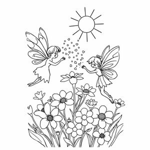 cute fairies putting pixie dust on flowrs and sunny 