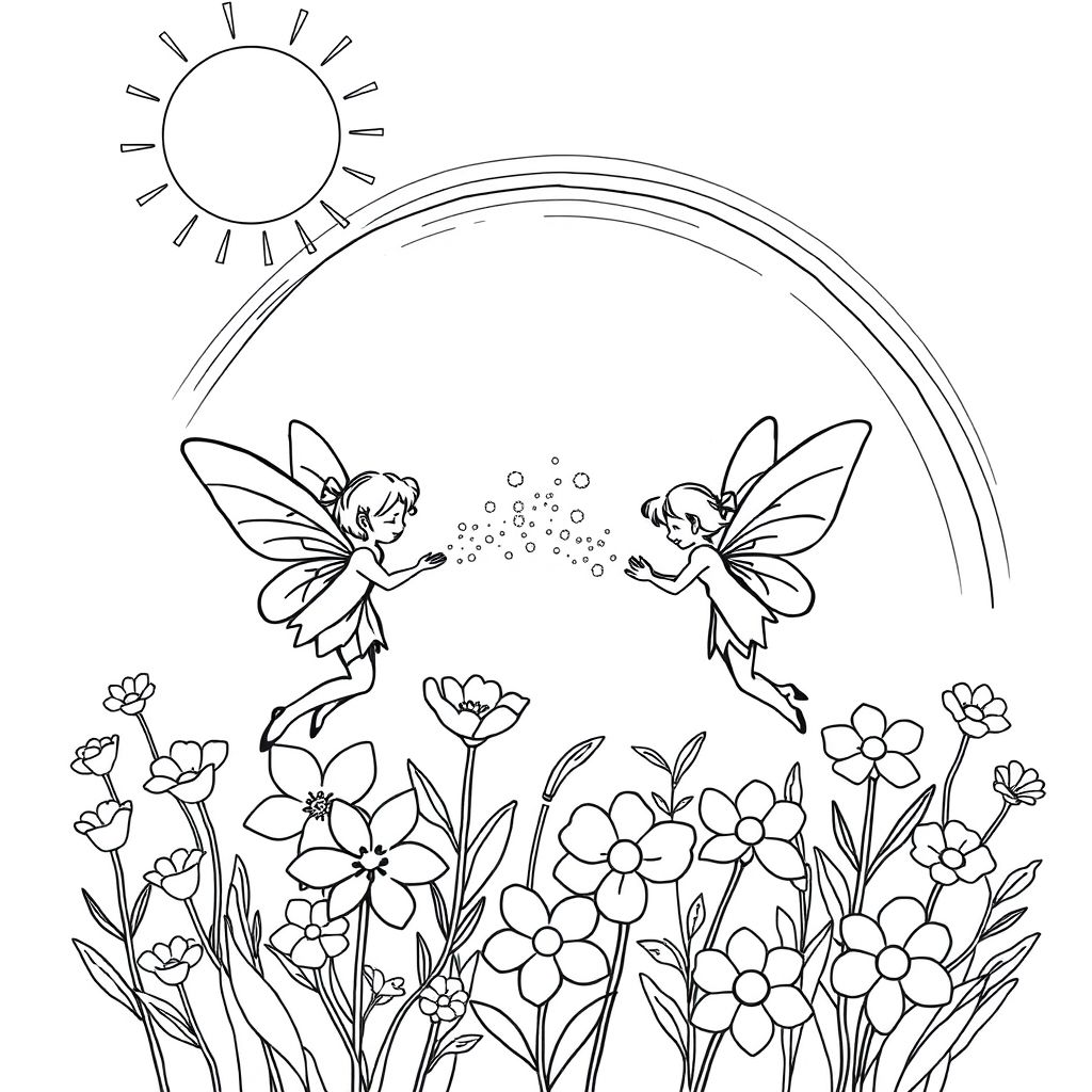 những nàng tiên dễ thương đặt bụi pixie trên flowrs và nắng với cầu vồng