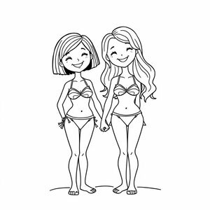 Hai cô gái mặc bikini, một người tóc ngắn thẳng vừa qua giày và một cô gái tóc dài hơi gợn sóng và cả hai đều nắm tay nhau theo phong cách dễ thương 
