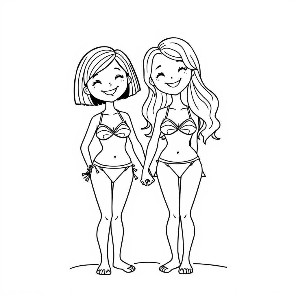 Hai cô gái mặc bikini, một người tóc ngắn thẳng vừa qua giày và một cô gái tóc dài hơi gợn sóng và cả hai đều nắm tay nhau theo phong cách dễ thương 

