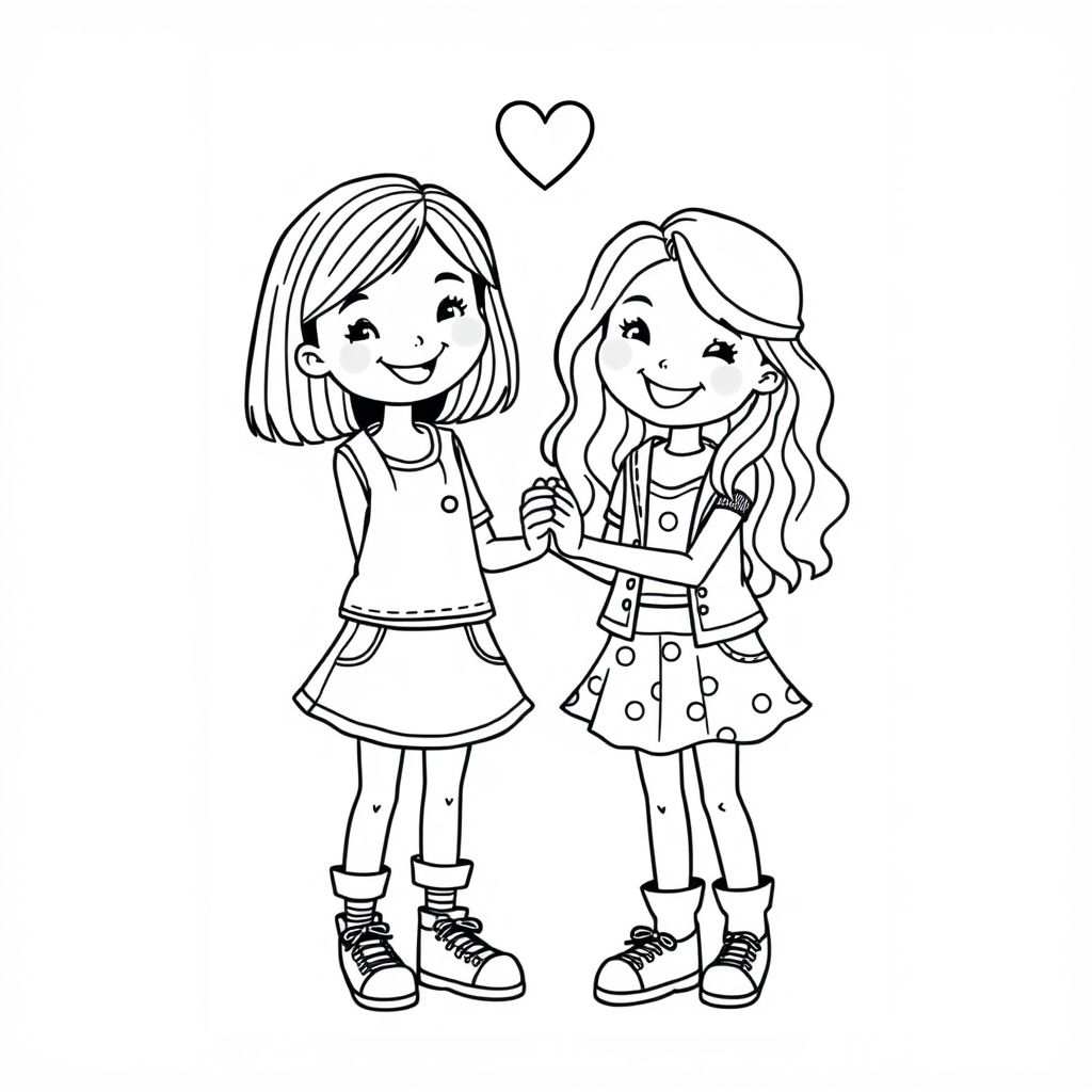 Hai cô gái trong bộ đồ ngớ ngẩn, một người có mái tóc thẳng dài vừa phải vừa qua và một cô gái khác có mái tóc dài hơi gợn sóng và cả hai đều nắm tay nhau theo phong cách dễ thương 
