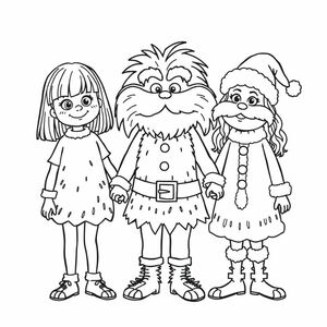 two girls dressed as the lorax and one as santa one with medium length straight hair that is just past shoulers and another with long hair that is slightly wavy and they are both holding hands in a cute style 
