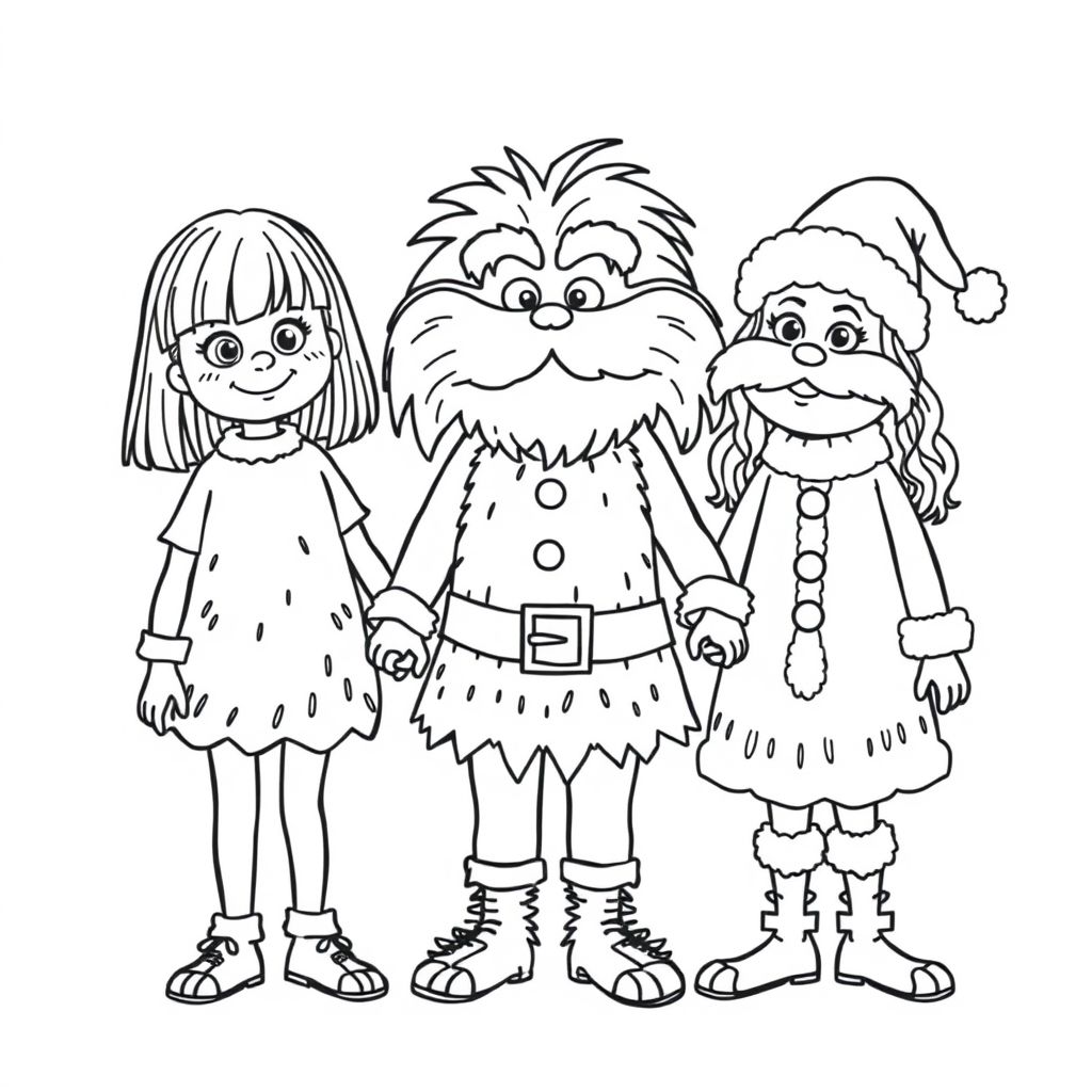two girls dressed as the lorax and one as santa one with medium length straight hair that is just past shoulers and another with long hair that is slightly wavy and they are both holding hands in a cute style 
