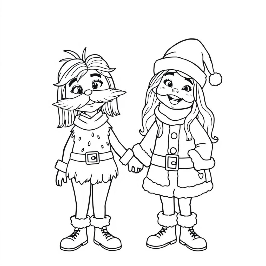ome girl dressed as the lorax and one as santa one with medium length straight hair that is just past shoulers and another with long hair that is slightly wavy and they are both holding hands in a cute style 
