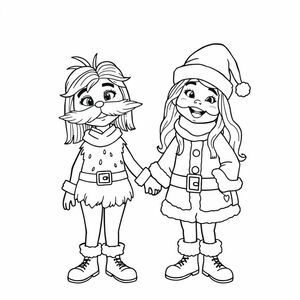 ome girl dressed as the lorax and one as santa one with medium length straight hair that is just past shoulers and another with long hair that is slightly wavy and they are both holding hands in a cute style 
