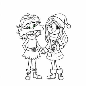 ome girl dressed as the lorax( wavy haired one) and one as santa one with medium length straight hair that is just past shoulers and another with long hair that is slightly wavy and they are both holding hands in a cute style 
