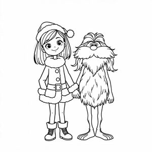 otwo girls  with medium length straight hair that is just past shoulers and dressed as santa and another with long hair that is slightly wavy and is dressed as the lorax and they are both holding hands in a cute style 
