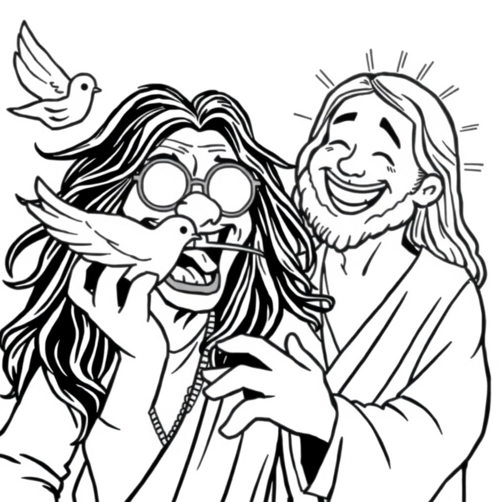 Ozzy Osbourne, trên thiên đường, giả vờ cắn đầu một con chim bồ câu, trong khi chúa giêsu cười điên cuồng và vỗ vai anh ta