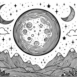A black and white drawing of a moon and mountains