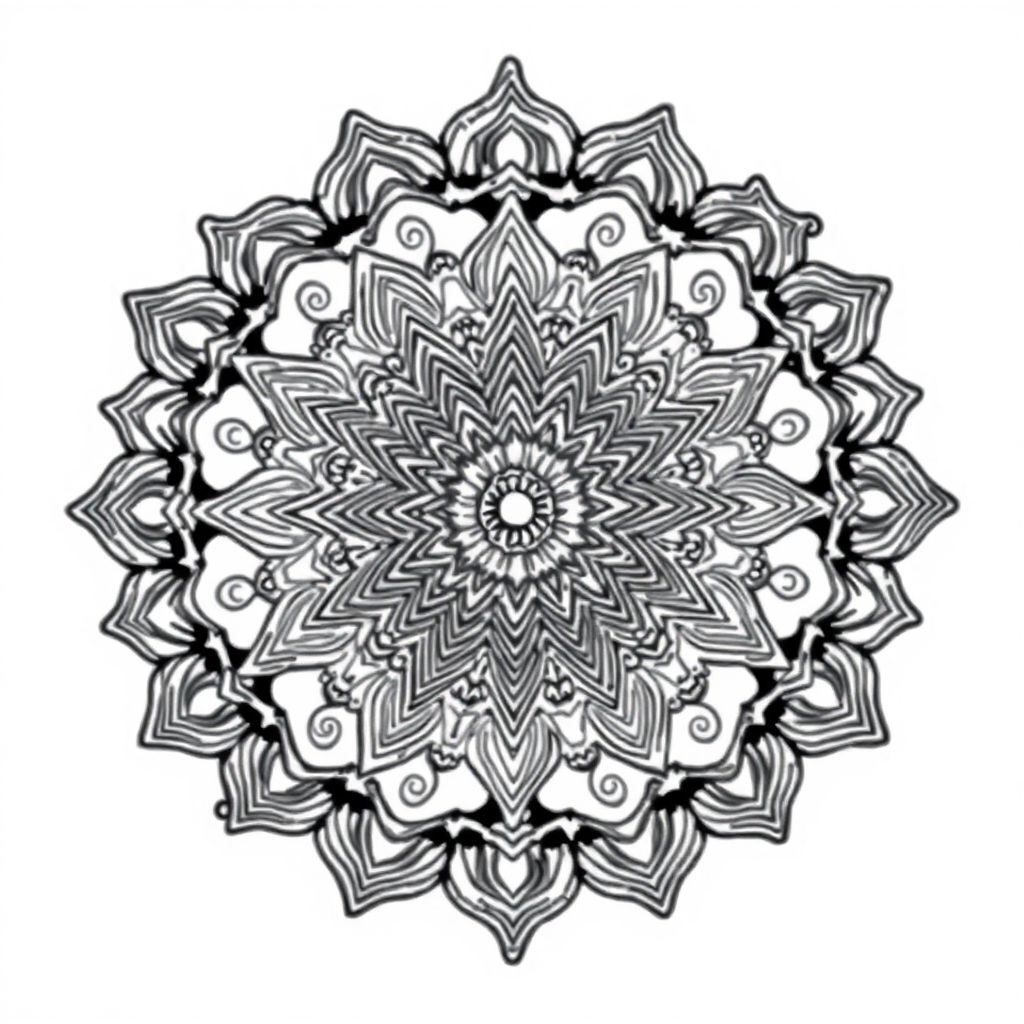 Một mandala ảo giác phức tạp với các mẫu fractal xoáy, các lớp đối xứng rực rỡ và các chi tiết hình học phức tạp, được thiết kế để tô màu