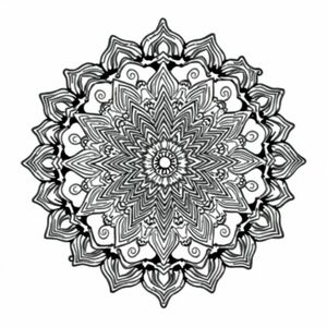 Một mandala ảo giác phức tạp với các mẫu fractal xoáy, các lớp đối xứng rực rỡ và các chi tiết hình học phức tạp, được thiết kế để tô màu