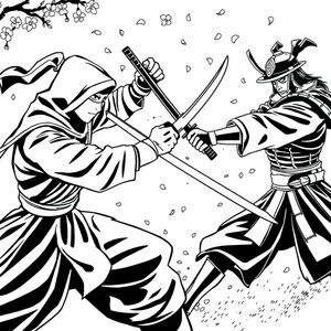 Một trận chiến hoành tráng giữa một ninja và một samurai, cuộc đụng độ của kiếm, hoa anh đào rơi, nghệ thuật đường nét đen trắng, trang tô màu có độ chi tiết cao