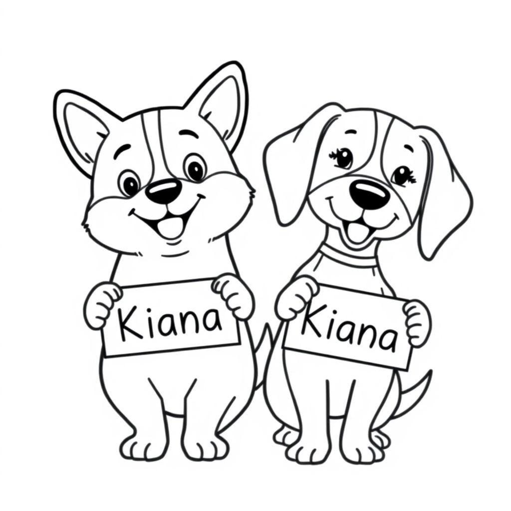 Corgi và beagle dễ thương cầm bảng hiệu có dòng chữ "Kiana"