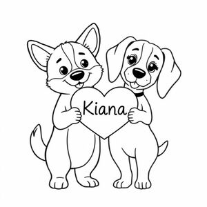 Corgi đực dễ thương và chó beagle cái cầm bảng hiệu hình trái tim có dòng chữ "Kiana"