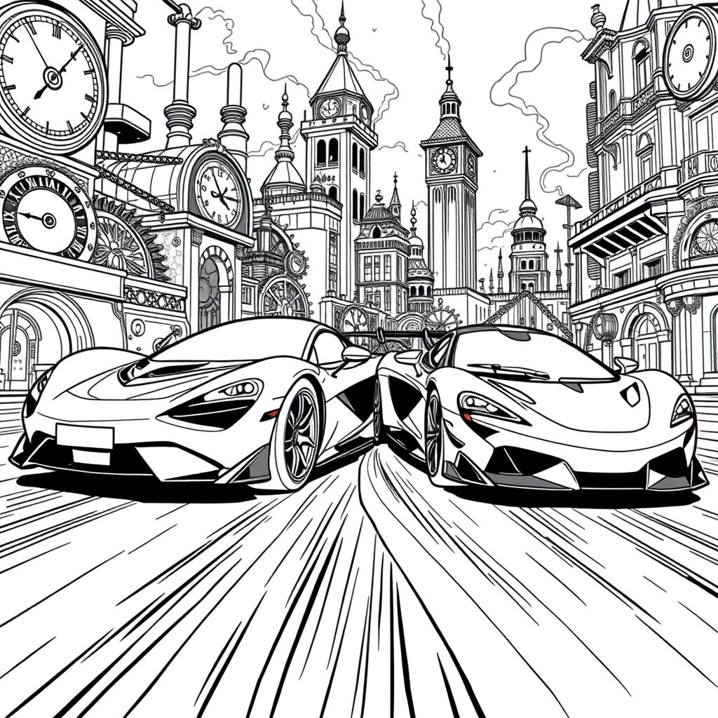 một cuộc đua ô tô rất thực tế của hoonipagasus với McLaren Sabre đua liền kề nhau từ một cuộc đua góc độc đáo ở Thành phố Đồng hồ (Steampunk Dimension) trên nền chi tiết